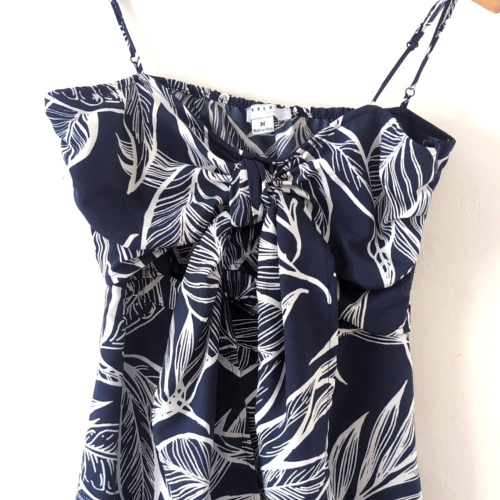 Favlux Cotton Navy White Tropical Leaf Print Cropped Mini Sun Dress Sz Medium - Picture 2 of 9